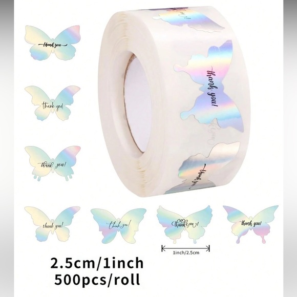 Holographic Butterfly Thank You Stickers 500 Count 1 Inch Roll Packaging Gifting - Picture 1 of 4